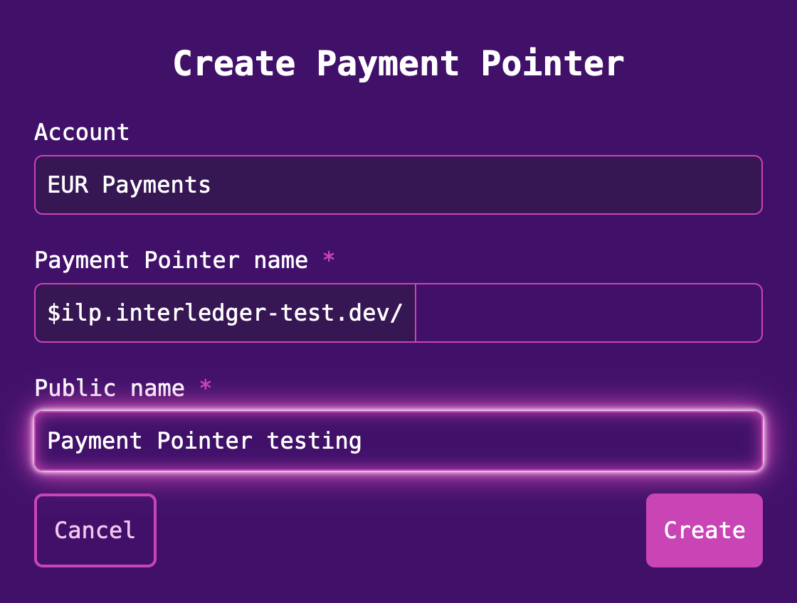 Create payment pointer screen with fields for payment pointer name and public name